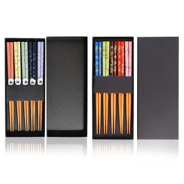 

chopsticks [5 pairs] printed beech household tableware set pointed cooking gift box