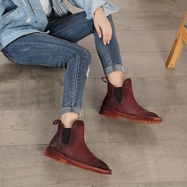 

boots ankle shoes woman 2021 vallu genuine leather lady hand painted retro low heel comfortable short, Black