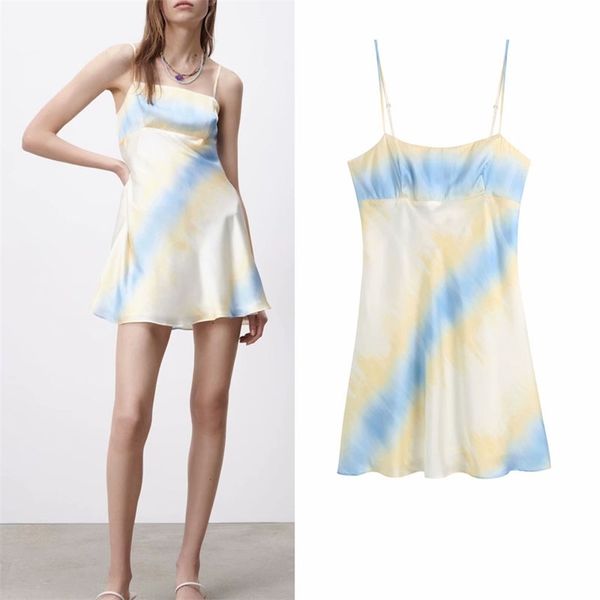 

summer women mini dress tie dye sleeveless spaghetti strap za female fashion lining elegant dresses vestidos 210513, Black;gray