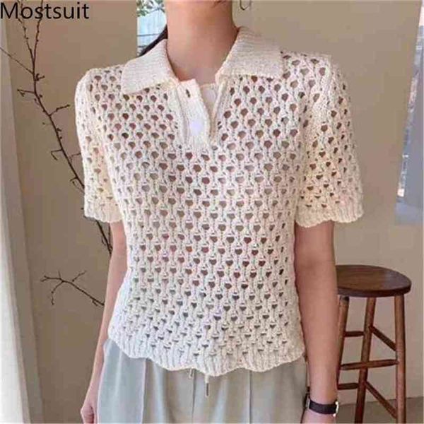 

autumn korean hollow knitted women sweaters short sleeve turn-down collar pullovers fashion solid elegant femme 210513, Black