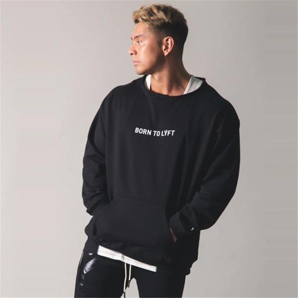 

men hoodies fitness bodybuilding sweatshirt outdoor sportswear male workout hooded loose pullover autumn clothes men's & sweatshirts, Black