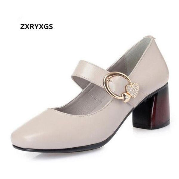 

dress shoes 2021 spring square head genuine leather women elegant high heels rhinestone metal buckle mom fashion, Black