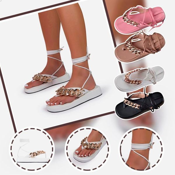 

sandals 2021 summer flat women fashion roman platform metal chain ankle strap open toe shoes lightweight non-slip, Black