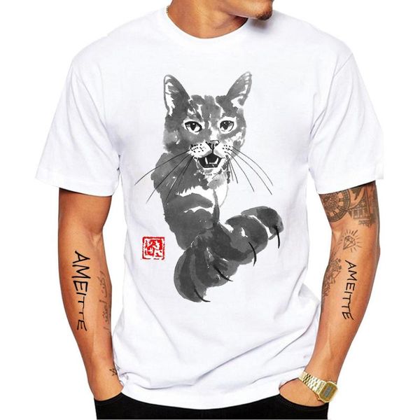 

men's t-shirts chinese style light ink oil painting demanding cat t-shirt summer fashion men short sleeve boy casual cool man tees, White;black