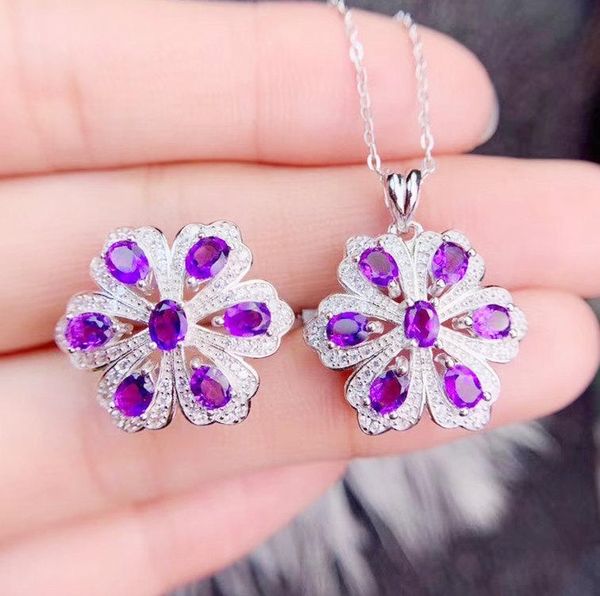 

per jewelry natural amethyst flower set 1pc ring pendant 0.2ct*14pcs gems 925 sterling silver s2051111 bracelet, earrings & necklace, Black