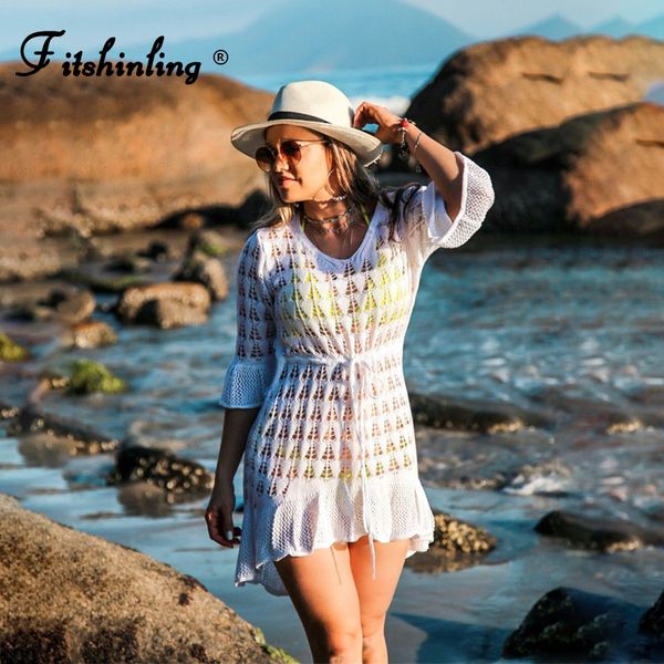 

fitshinling hollow out knit pareos bohemian white short dresses women bohemian slim dstring robe beach holiday swimwear