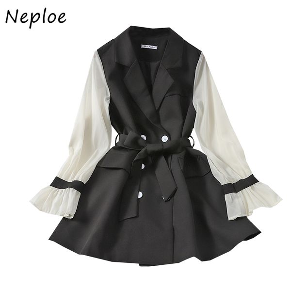 

2021neploe women dress autumn 2021 fashion patchwork chiffon long sleeve sashes temperament notched collar korean gentleness dresses, Black;gray