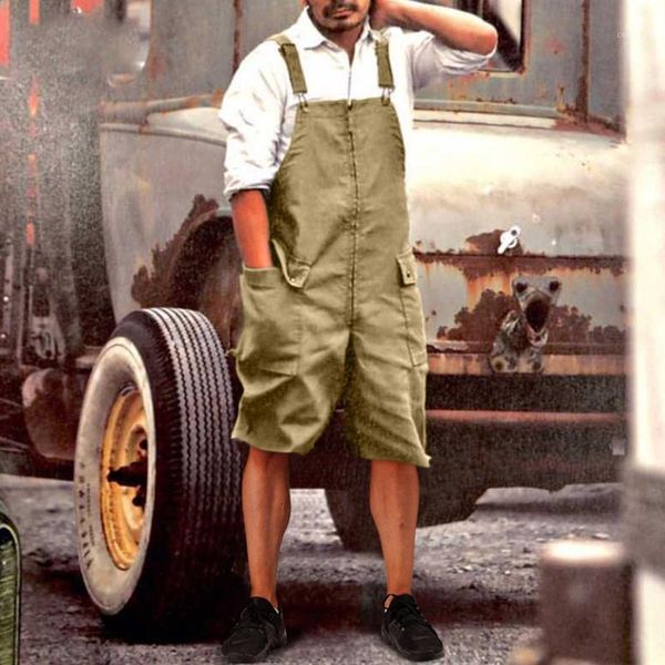 

men's pants 2021 summer casual bib jumpsuit men fashion loose big pocket cargo short pant overalls romper vintage shorts playsuits, Black