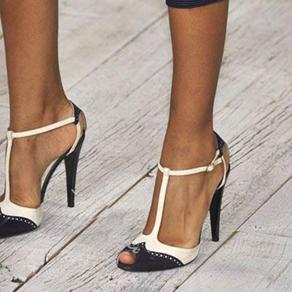 

woman concise t strap sandals cut out peep toe mixed color stiletto shoes black and white patchwork street office summer