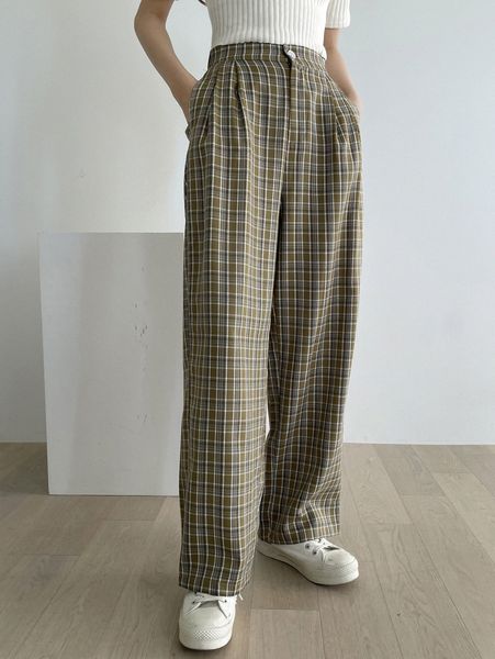

dazy high waist plaid plicated detail wide leg pants l3bz#, Black;white
