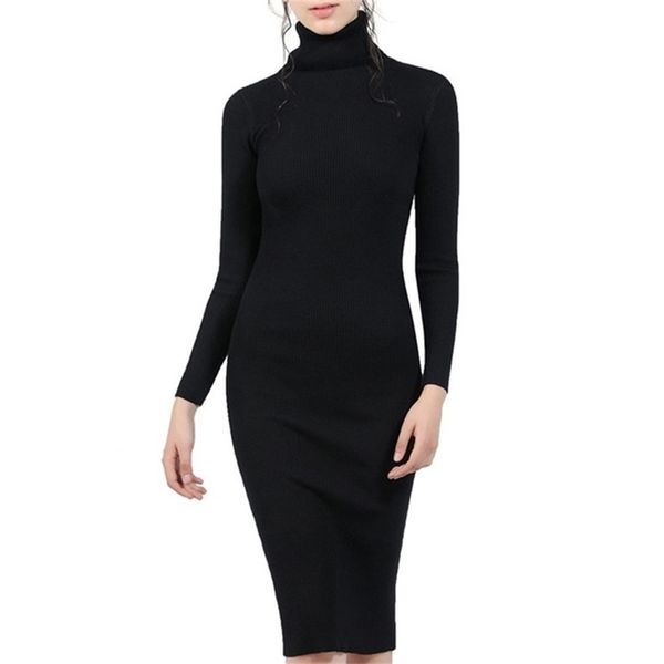

women autumn winter knitted sweater dresses slim elastic turtleneck long sleeve lady bodycon 211112, Black;gray