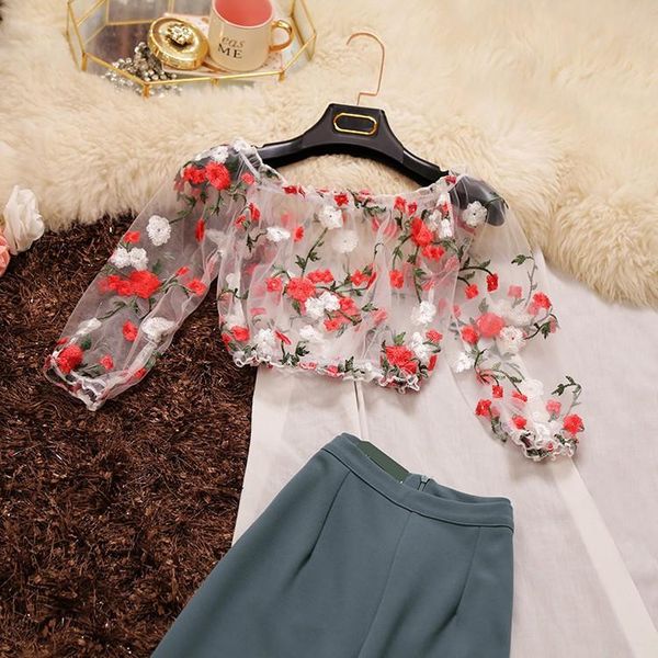 

amolapha women short style embroidery floral mesh blouses shirts puff sleeve perspective woman casual blouse women's, White