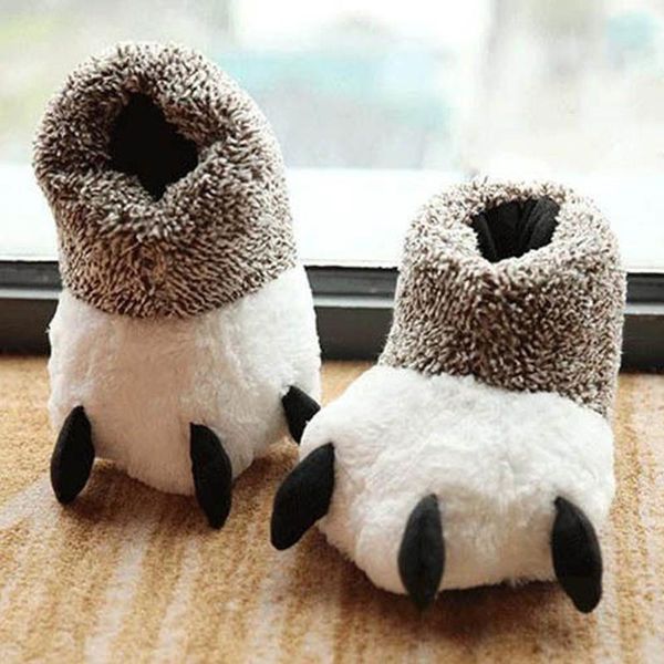 

fashion thermal indoor cotton padded plush cartoon bear claw non-slip slippers home floor shoes, Black
