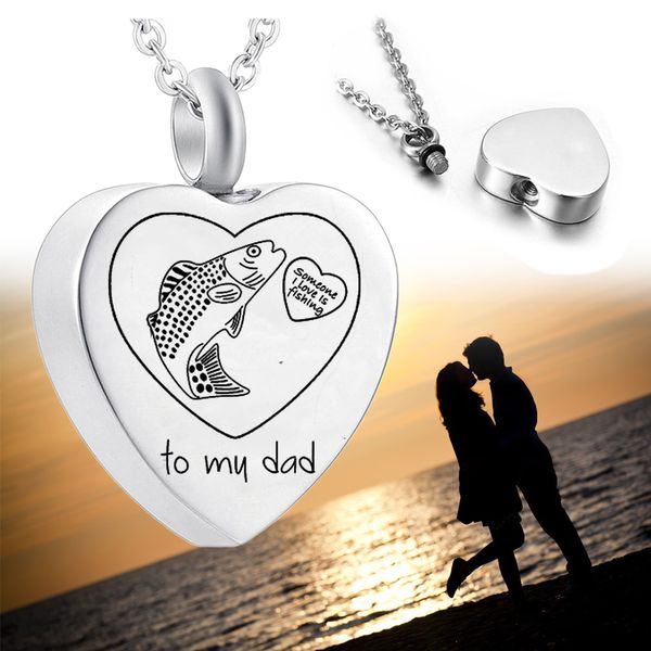 

cremation jewelry fish ashes pendant heart-shaped urn pendant stainless steel keepsake urn necklace-someone i love is fishing, Silver