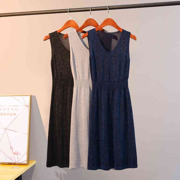 

casual dresses spring summer lurex glitter vest women sleeveless long knit maxi bright v neck flat midi es vestido qcfi, Black;gray