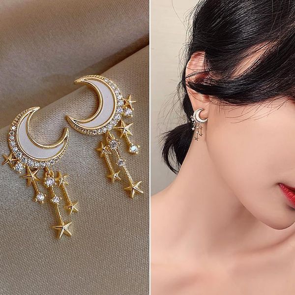 

women moon star dangle earrings crystal metal gold color korean fashion stud christmas gifts girl jewelry & chandelier, Silver
