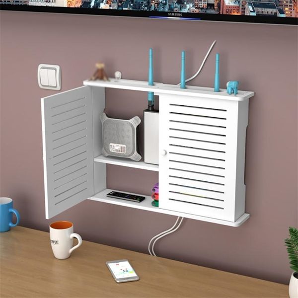 Wireless Wifi Router Scatole di immagazzinaggio Scatola di legno Cavo Power Plus Wire Staffa Wall Hanging Plug Board Storage Shelf Decorazioni per la casa fai da te 211112