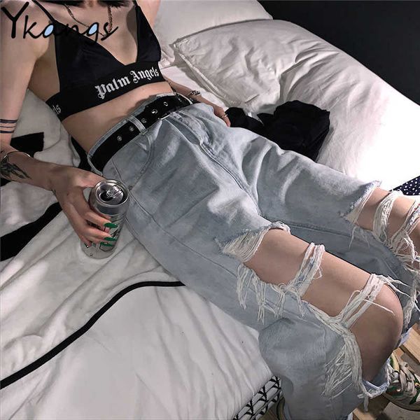 

high waist ripped jeans for women's loose thin denim pants breeches overalls vintage female torn trousers streetwear 210927, Blue