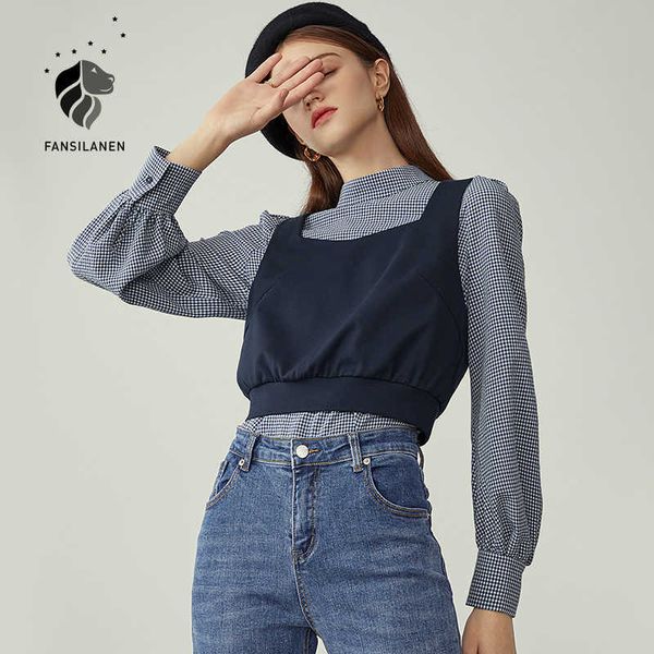 

fansilanen two piece set plaid blouse shirt women puff sleeve blue vintage female yellow office lady elegant 210607, White