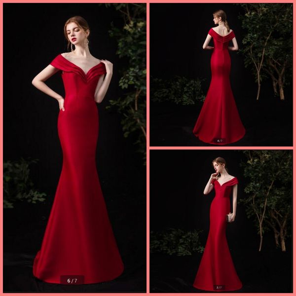

2021 vestido de festa red satin mermaid evening dress cap sleeve pleated hollow back scoop neck party gowns formal floor length carpet elega, Black;red