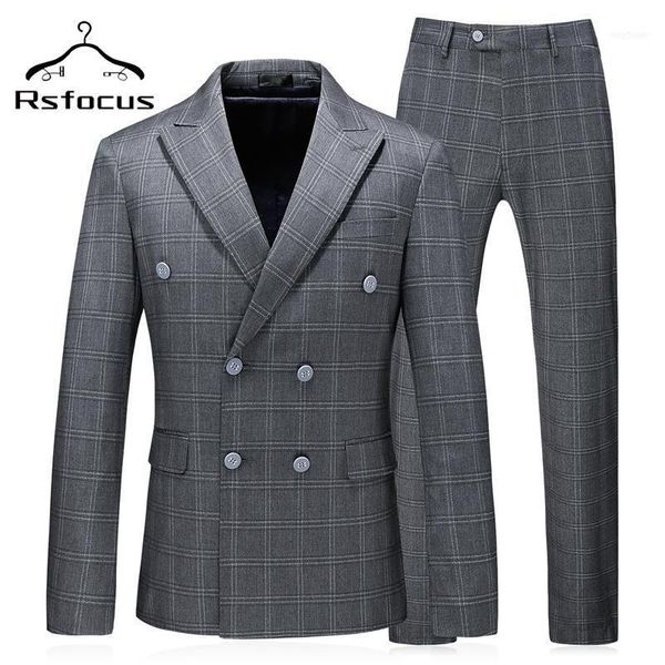

men's suits & blazers rsfocus mens double breasted suit two piece tuxedo groom for men wedding slim fit gray plaid casual formal wear t, White;black