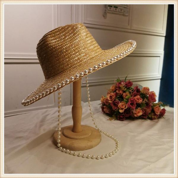 

stingy brim hats 202106-shi summer handmade straw long pearl chain leisure lady fedoras cap women panama jazz hat, Blue;gray