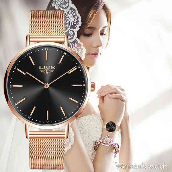 

relogio feminino lige simple ultra thin women watches brand luxury ladies wristwatch casual grid all steel quartz clock 210517, Slivery;brown