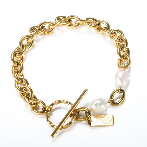 

link, chain stainless steel gold color hand made pearl bracelet women thick link ot buckle bracelets for vintage charm jewelry gift, Black