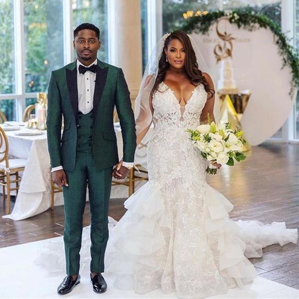 

lace mermaid wedding dresses 2021 ivory spaghetti straps corset up back tiers ruffle skirt bridal gowns plus size, White