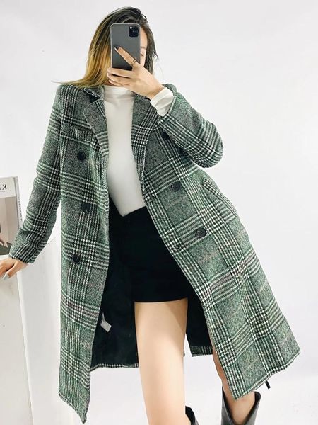

women's wool & blends dylqfs 2021 women autumn office lady green plaid long sleeve coat female vintage streetwear double breasted casua, Black