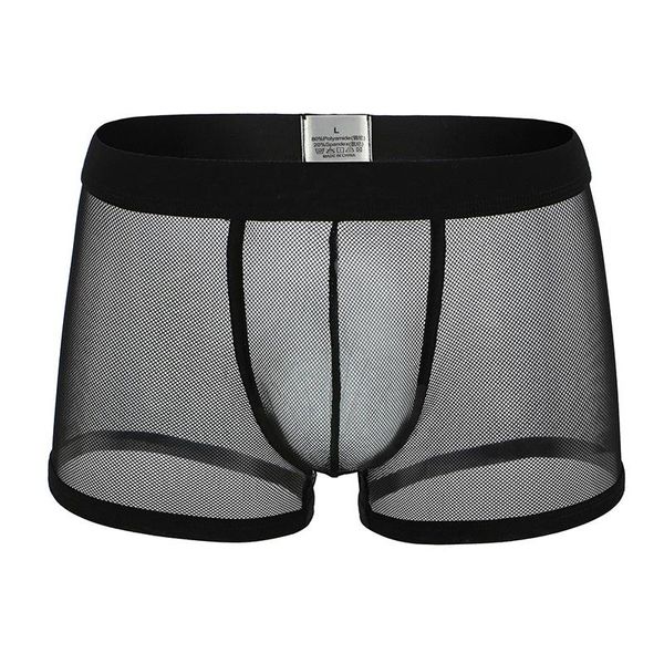 

fashion breathable thin boxer shorts men mesh transparent see through u convex pouch underwear trunks gay underpants, Black;white