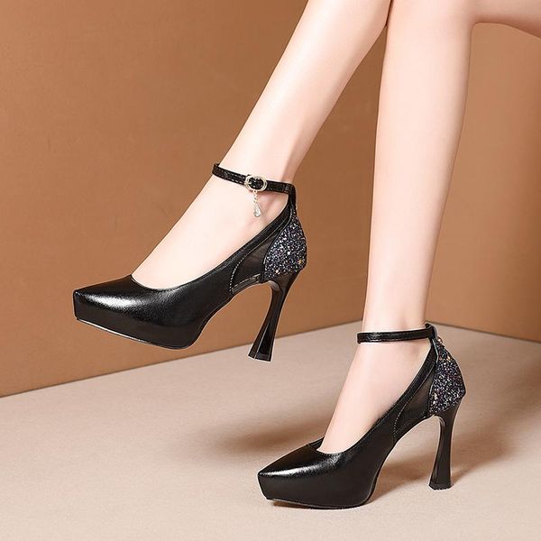 

dress shoes 2021 ankle strap platform high heels women thin 10cm pumps pu leather ladies party, Black