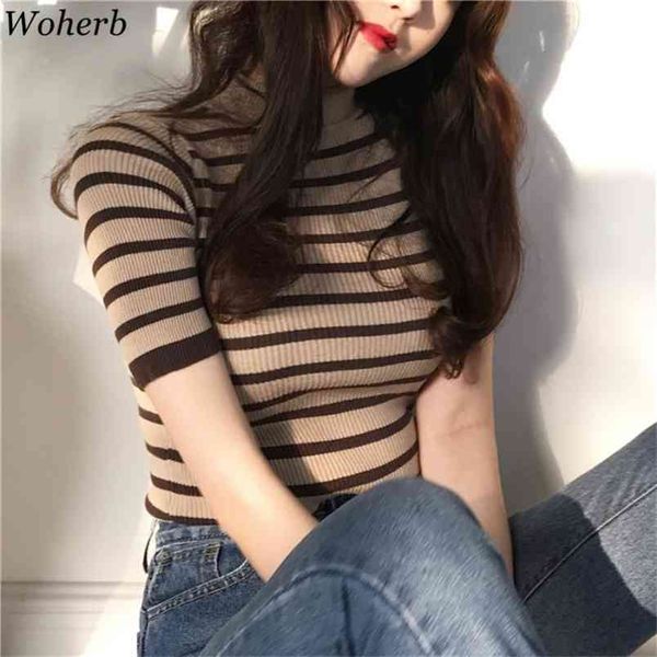 

half turtleneck pullover striped sweater women summer o neck short-sleeve jumper slim fit thin casual basic knitted 210519, White