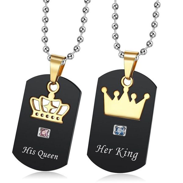 

exquisite king queen cz tag titanium steel necklace couple stainless crown pendant jewelry romantic valentine's day gift necklaces, Silver