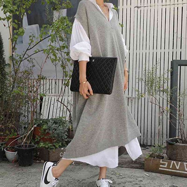 

casual winter oversize straight sleeveless sweater dress women thick knit long female knitted vest 210429, Black;gray