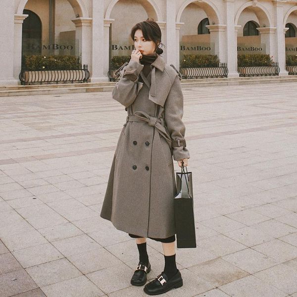 

women's wool & blends winter woolen coat long section loose stitching thick brown straight double-breasted cashmere fashion quality jac, Black