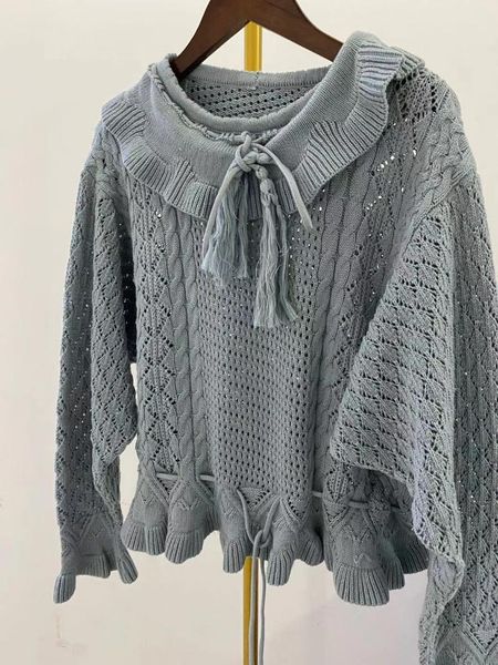 

women's knits & tees women hollow out sweater ruffles tassel long sleeve sweet ladies knitwear jumper, White