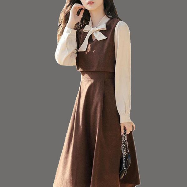 

casual dresses 2021 spring and autumn french retro long sleeve wear a base dress inside the waist hepburn brown, Black;gray