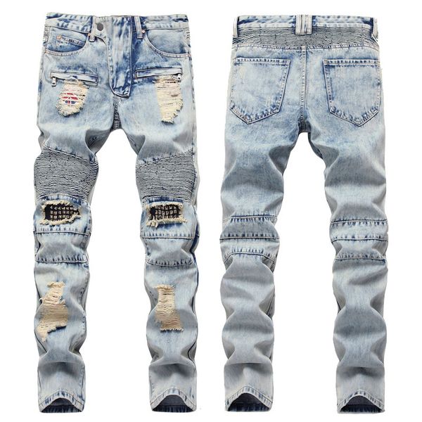 

jeans design zipper motorcycle knee hole willow nail small straight men's patch pants, Blue