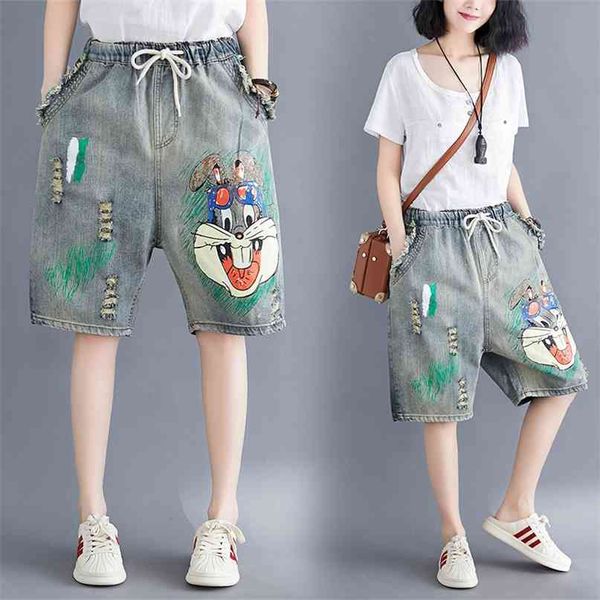 6870 Donna Estate Moda Corea Stile Strappato Vintage Divertente Coniglio Cartoon Stampa Oversize office Lady Casual Pantaloncini di jeans larghi 210621