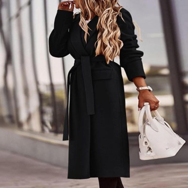 

women's wool & blends lapel long-sleeved coat solid color belt work jacket keep warm waist slim veste femme fall/winter, Black