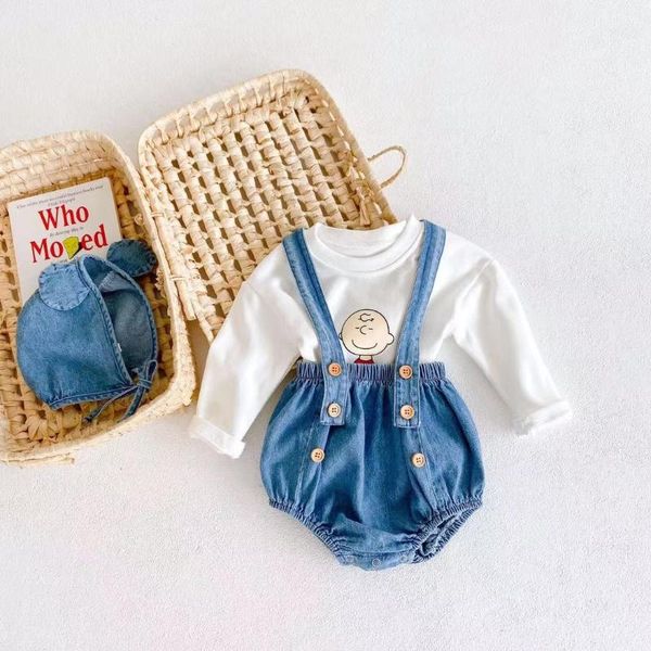 

clothing sets 0-3y born infant baby girls printed t-shirt suspender denim shorts hat outfits clothes set long sleeve fall, White