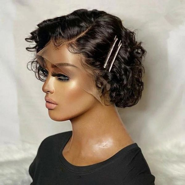 

lace wigs pixie cut wig human hair short curly bob pre plucked bouncy wave transparent t part for women, Black;brown