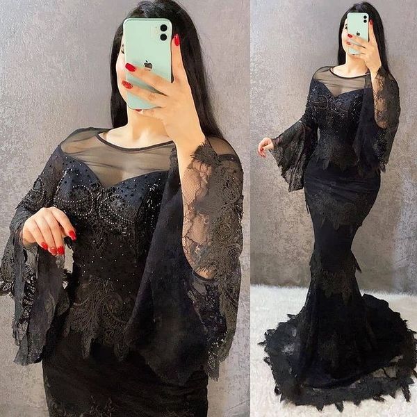 

2021 plus size arabic aso ebi mermaid lace prom dresses beaded sheer neck long sleeves evening formal party second reception bridesmaid gown, Black