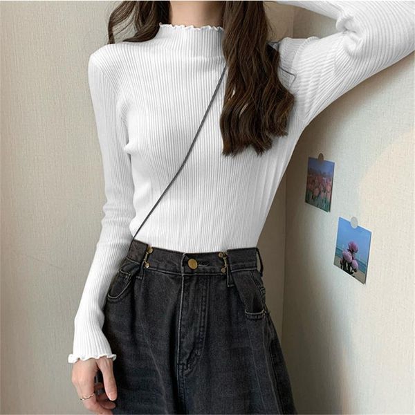 

women's sweaters autumn winter sweater women half turtleneck slim knit pullovers korean solid all-match bottoming knitted top, White;black