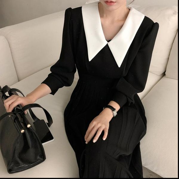 

elegant pleated spring womens dress a line long sleeve midi office patchwork autumn good quality woman clothes, Black;gray