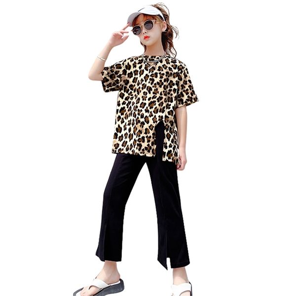 Детская одежда леопардовая футболка + брюки костюм для девочек повседневный стиль одежды наборы одежды летний детский трексуит 6 8 10 12 14 210527