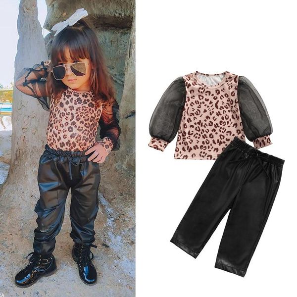 

clothing sets focusnorm 0-5y fashion toddler girls leopard clothes 2pcs mesh long puff sleeve pu leather pants autumn outfits, White