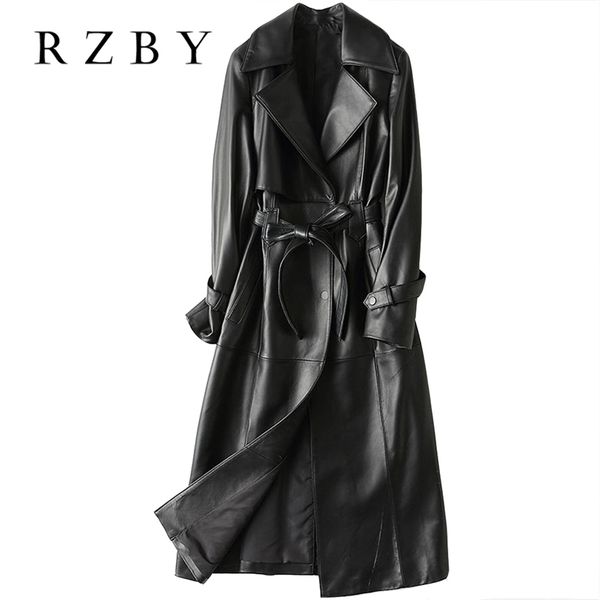 

rzby women 100% sheepskin autumn and winter haining leather jacket ladies sheepskin long slim windbreaker jacket and coat 211007, Black