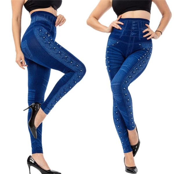 

women's leggings women imitation cowboy plus size leggins bead high elasticity legging slim cropped pants waist, Black